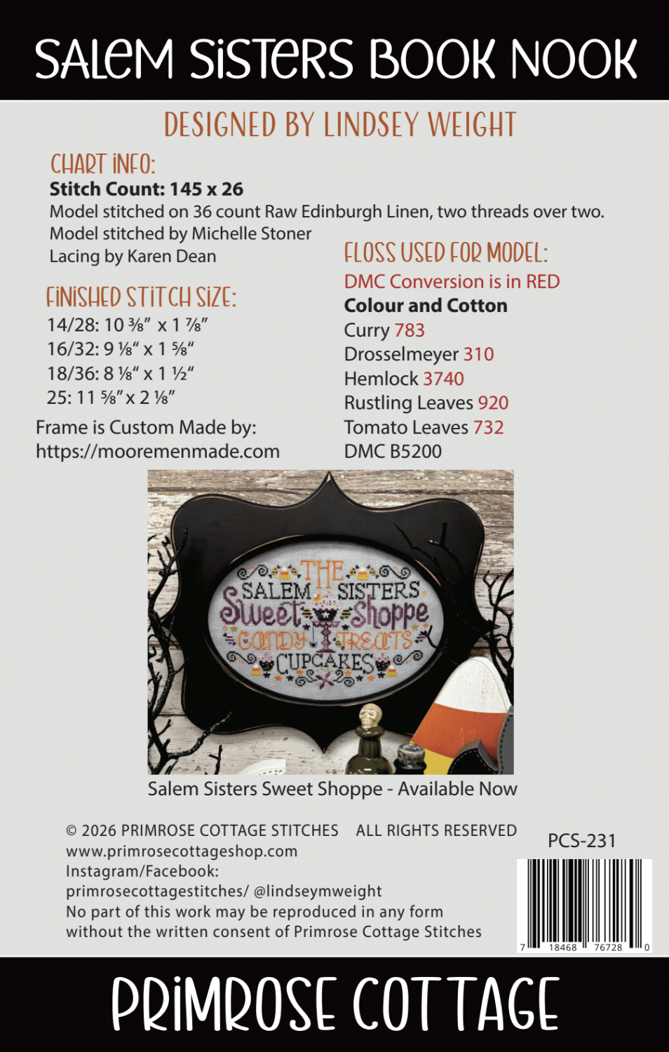 Salem Sisters Book Nook Cross Stitch by Lindsey Weight of Primrose Cottage - PAPER Pattern
