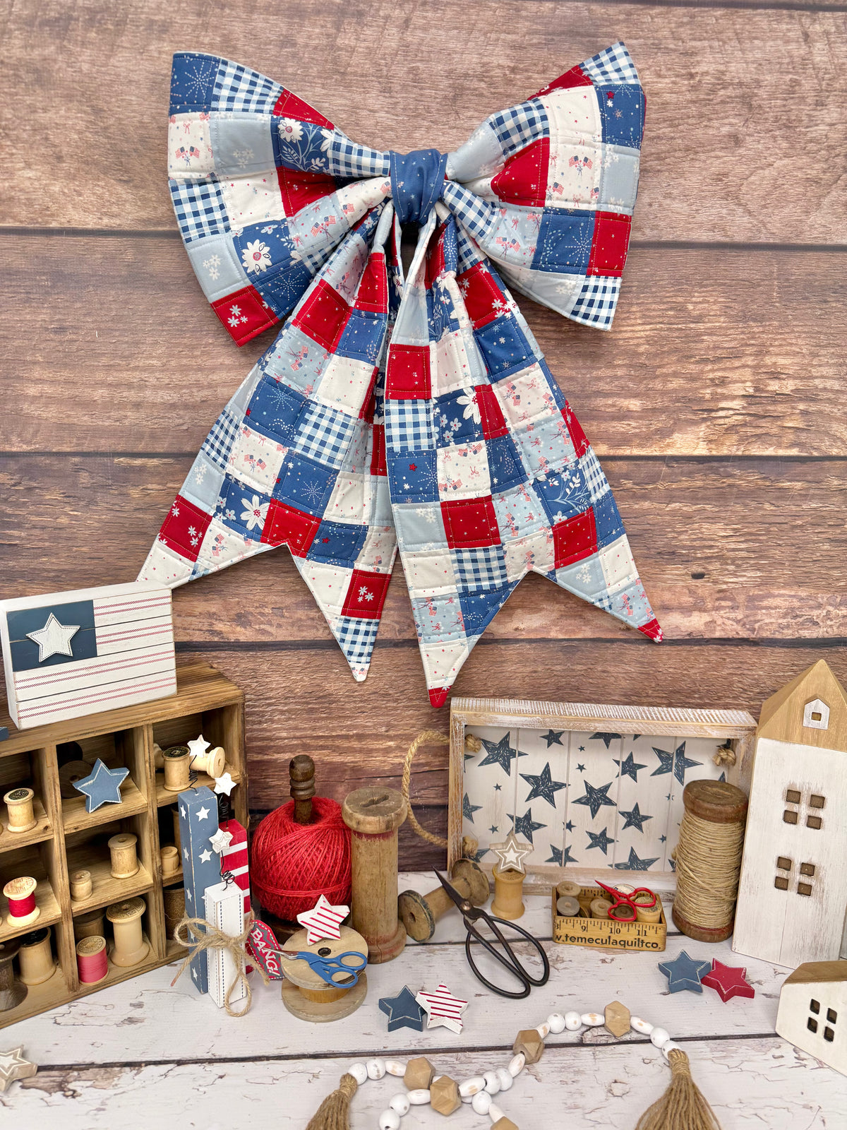 Patriotic Patchwork Quilted Bow Using Brooklyn Dawn Quilt Co