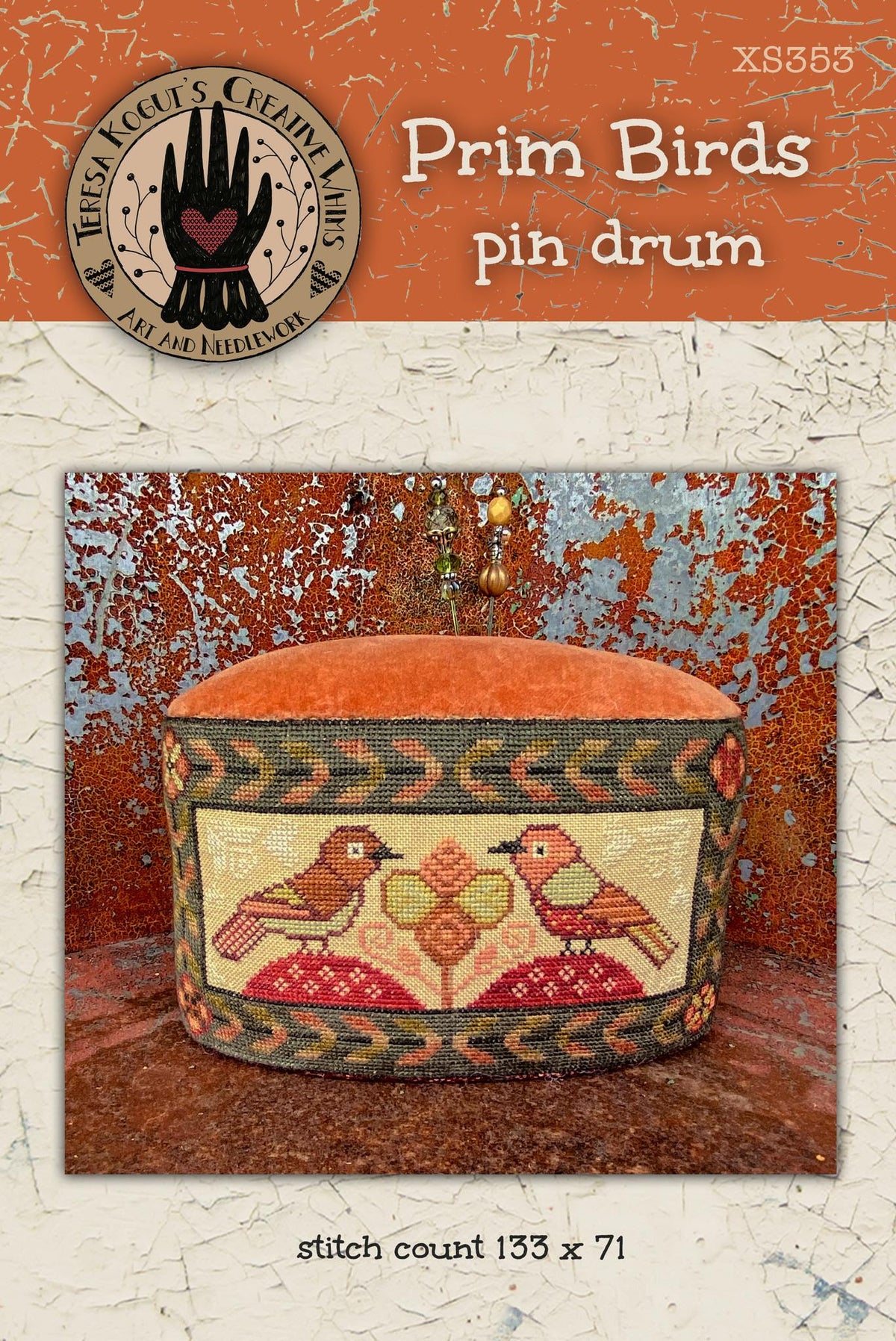 Prim Birds Pin Drum Cross Stitch by Teresa Kogut - Paper Pattern