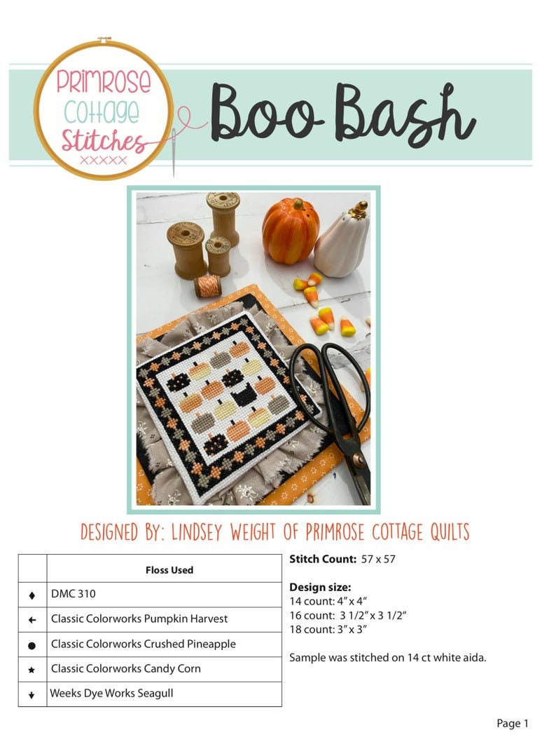 Boo Bash Cross Stitch by Lindsey Weight of Primrose Cottage Stitches - PAPER Pattern PCS-001