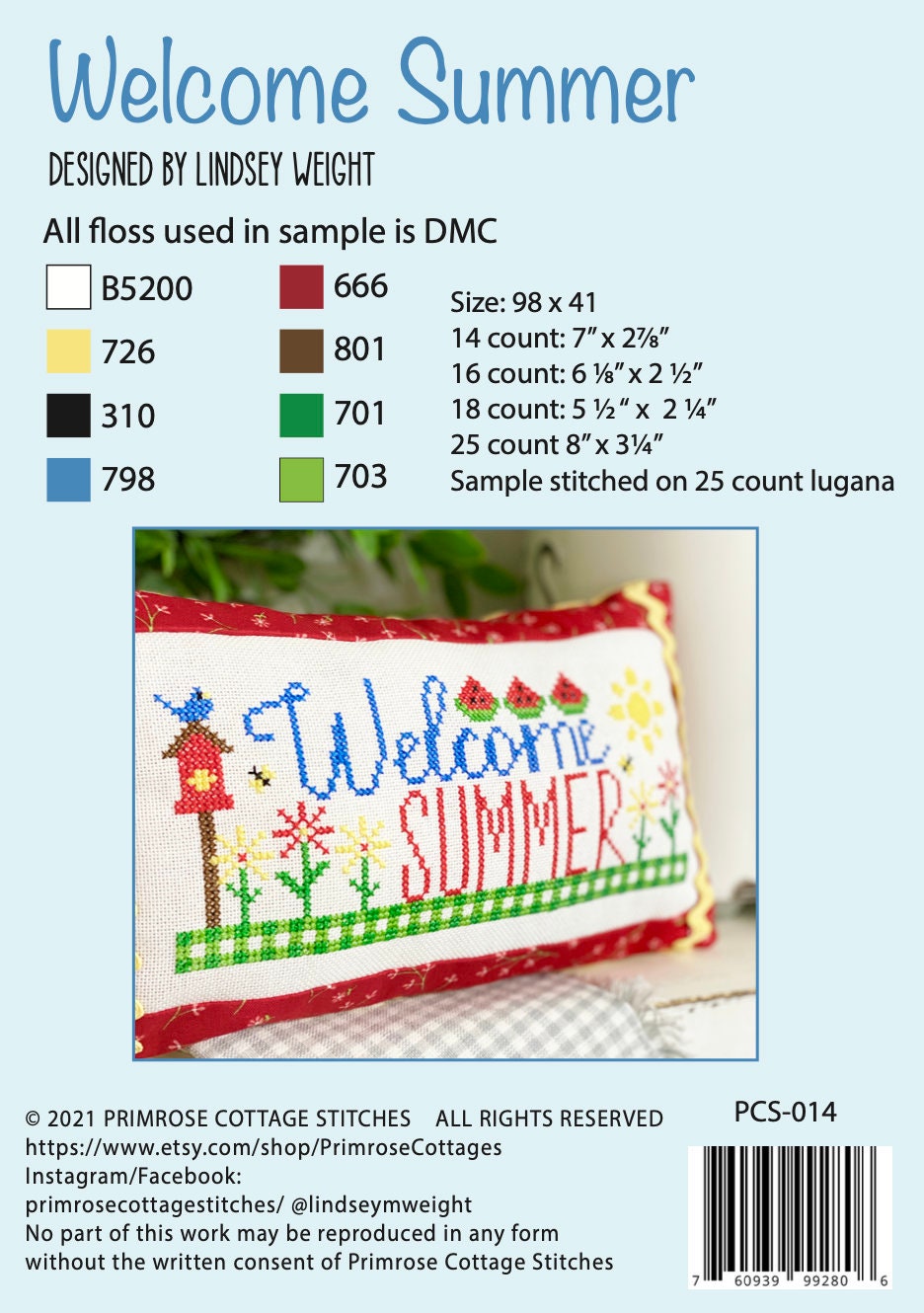 Welcome Summer Cross Stitch By Lindsey Weight of Primrose Cottage Stitches - PAPER Pattern PCS-014