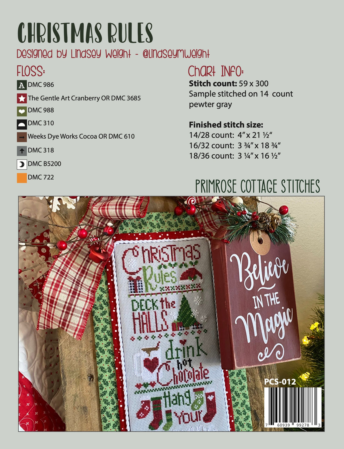 Christmas Rules Cross Stitch by Lindsey Weight of Primrose Cottage Stitches - PDF Pattern