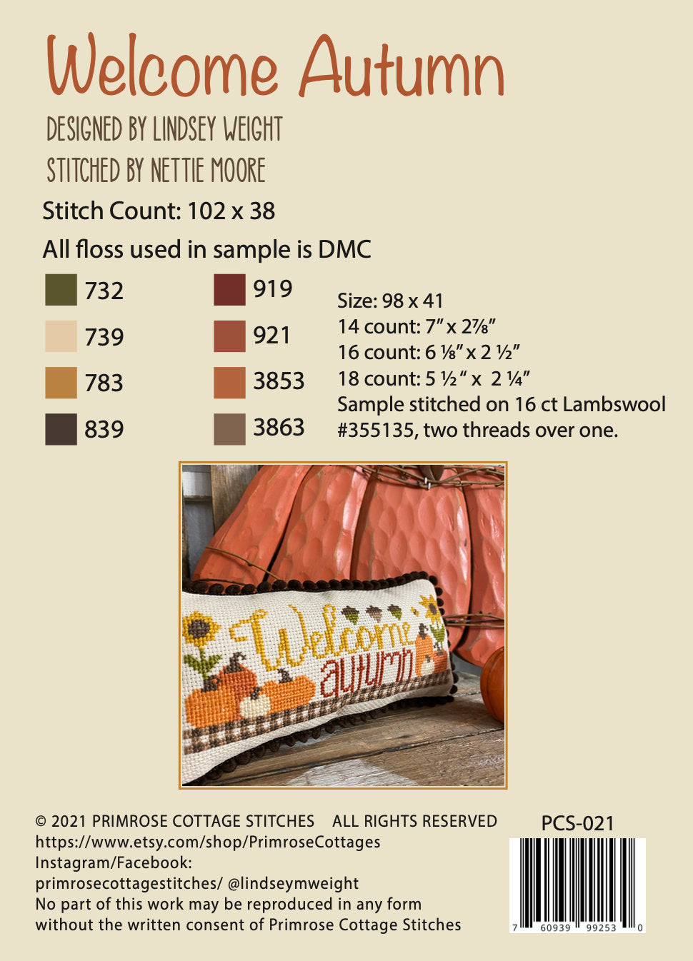 Welcome Autumn Cross Stitch by Lindsey Weight of Primrose Cottage Stitches - PAPER Pattern PCS-021