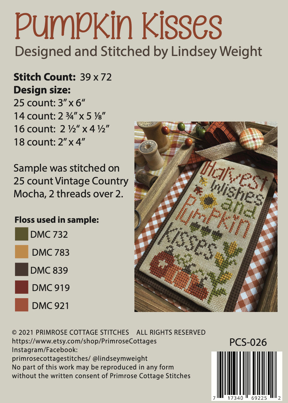 Pumpkin Kisses Cross Stitch by Lindsey Weight of Primrose Cottage Stitches - PAPER Pattern PCS-026