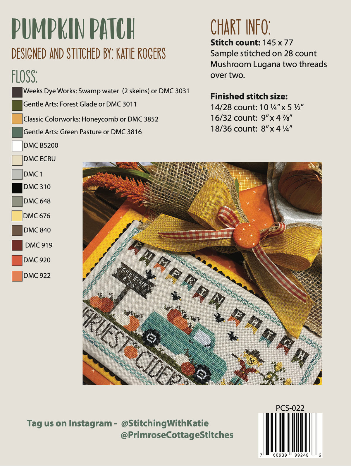 Pumpkin Patch Cross Stitch by Katie Rogers of Primrose Cottage Stitches  - PAPER Pattern PCS-022