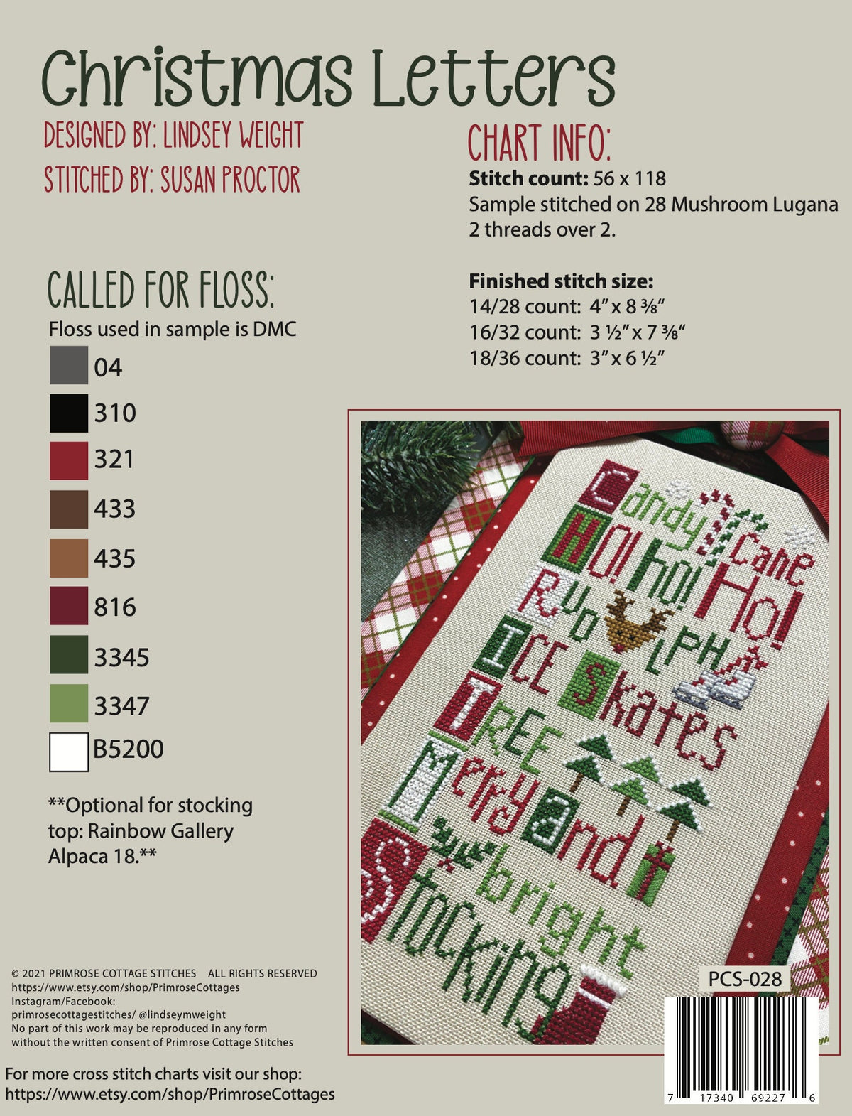 Christmas Letters Cross Stitch by Lindsey Weight of Primrose Cottage Stitches - PAPER Pattern PCS-028