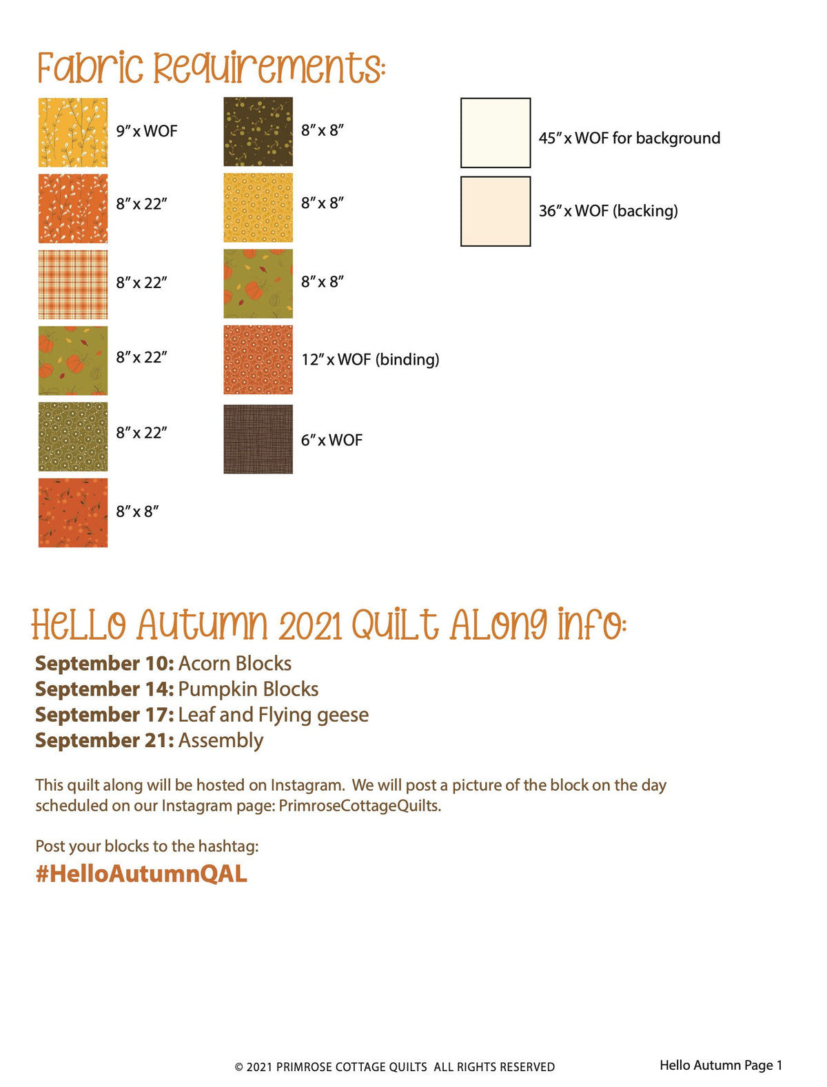 Hello Autumn by Lindsey Weight of Primrose Cottage Quilts - Quilt PDF Pattern