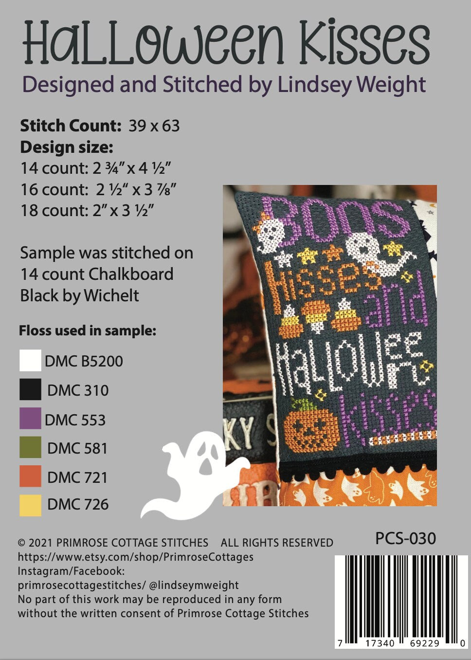 Halloween Kisses by Lindsey Weight of Primrose Cottage Stitches - PAPER Pattern PCS-030