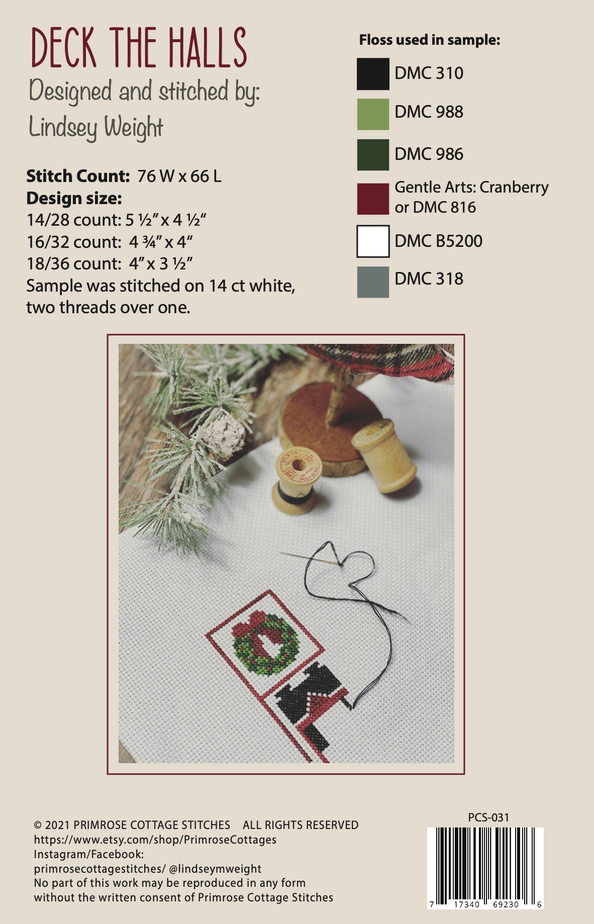 Deck the Halls Cross Stitch by Lindsey Weight of primrose Cottage Stitches - PAPER Pattern PCS-031