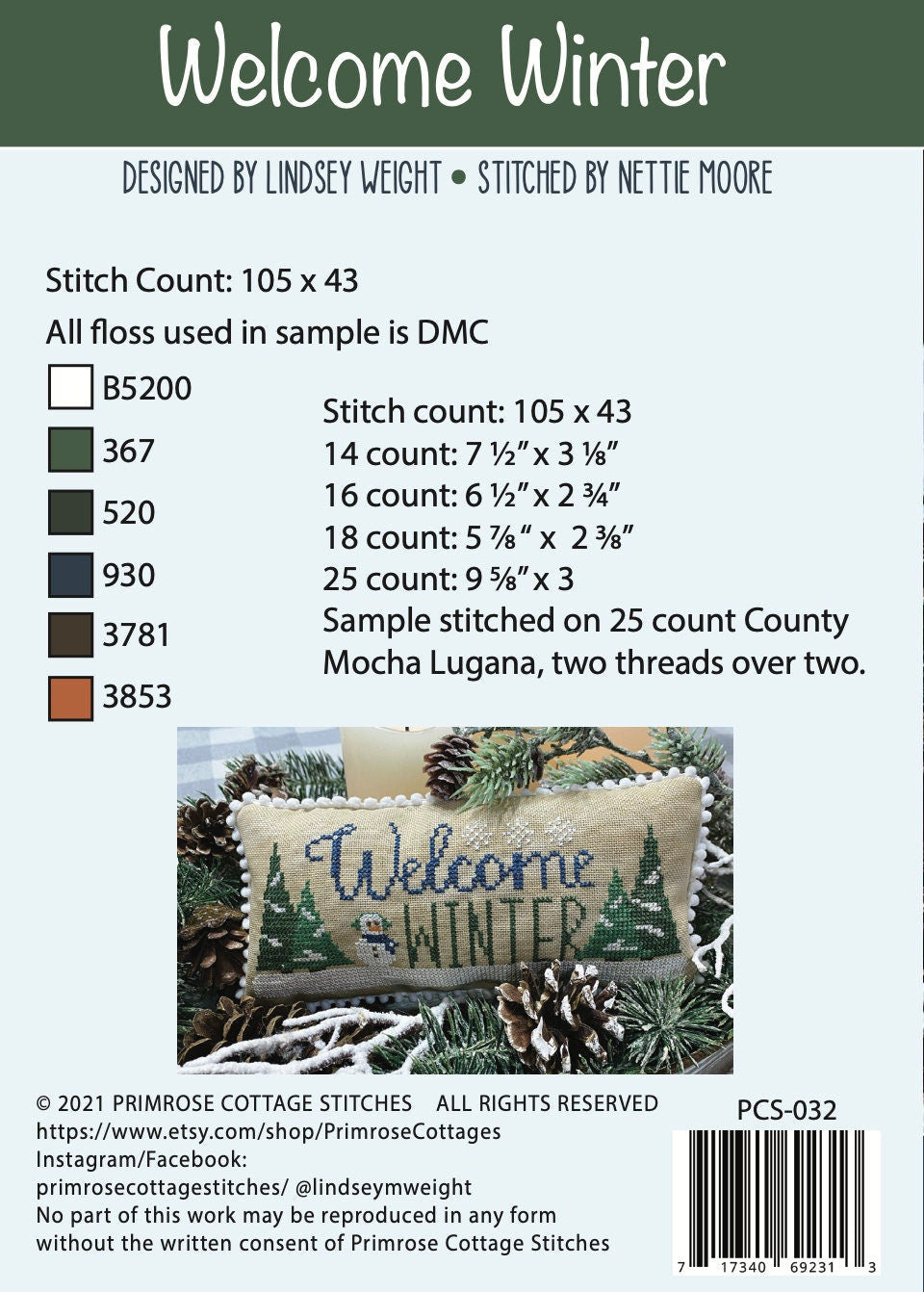 Welcome Winter by Lindsey Weight of Primrose Cottage Stitches -  PAPER Pattern PCS-032