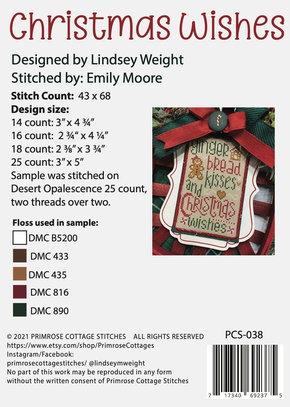 Christmas Wishes  by Lindsey Weight of Primrose Cottage Stitches PAPER Pattern PCS-038