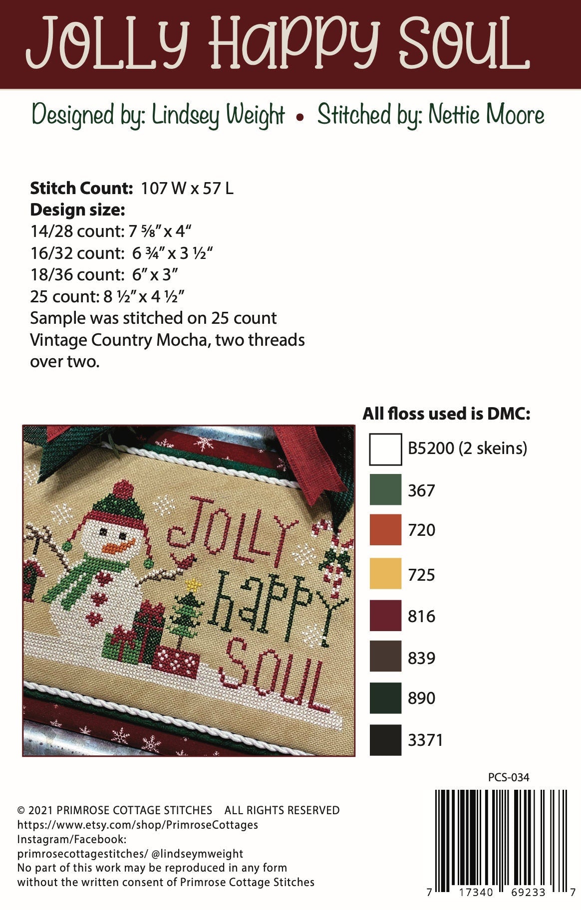 Jolly Happy Soul Cross Stitch by Lindsey Weight of Primrose Cottage Stitches - PAPER Pattern PCS-034