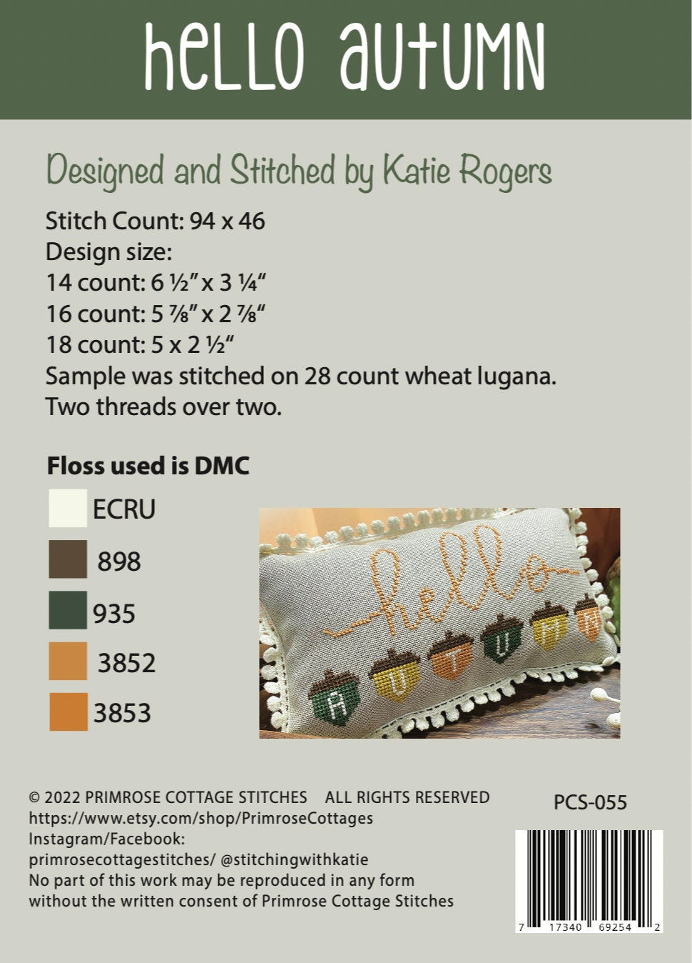 Hello Autumn by Katie Rogers of Primrose Cottage Stitches - PDF Pattern