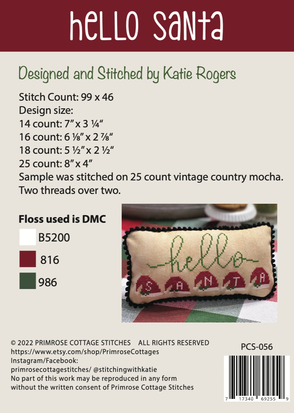 Hello Santa Cross Stitch by Katie Rogers of Primrose Cottage - PAPER Pattern PCS-056