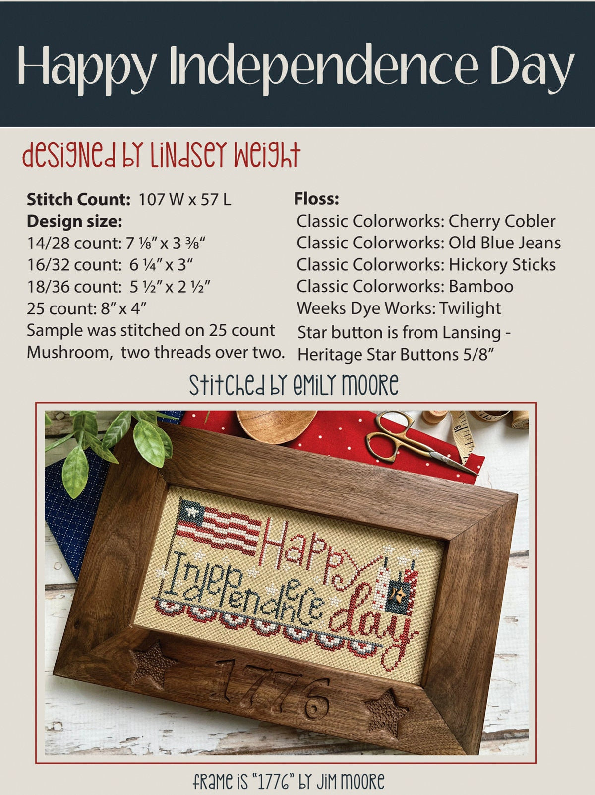 Happy Independence Day Cross Stitch by Lindsey Weight of Primrose Cottage Stitches - PAPER Pattern PCS-060