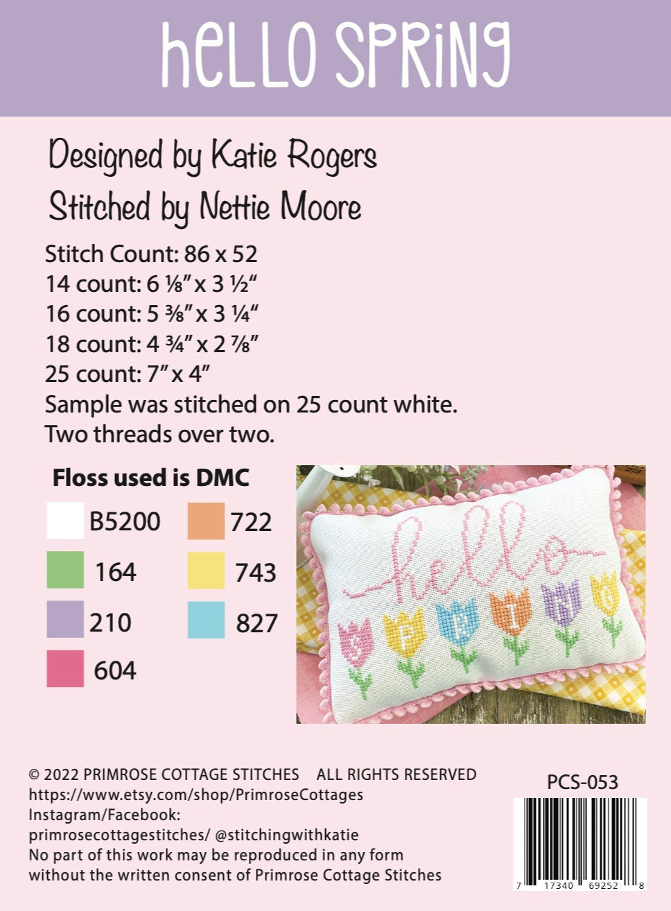 Hello Spring Cross Stitch by Katie Rogers of Primrose Cottage - PAPER Pattern PCS-053