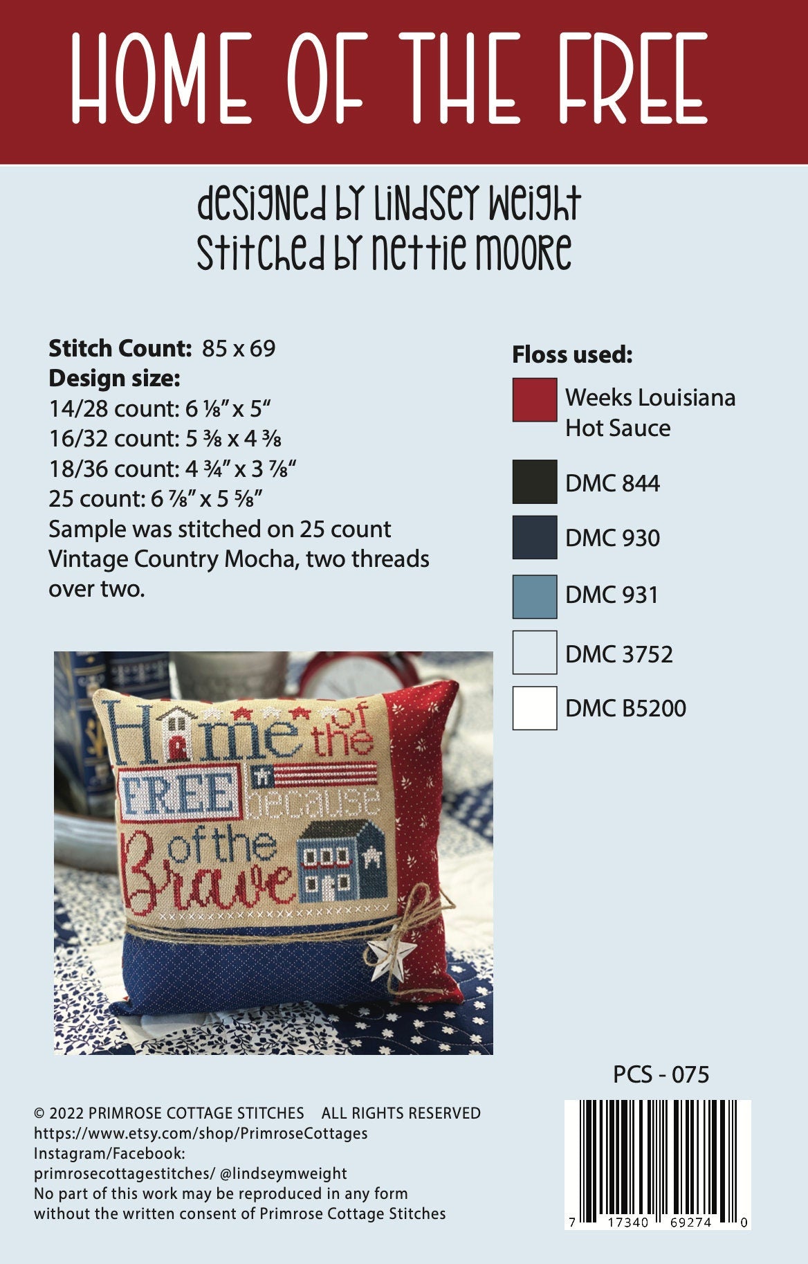 Home of the Free Cross Stitch - Patriotic - by Lindsey Weight - PAPER Pattern PCS-075