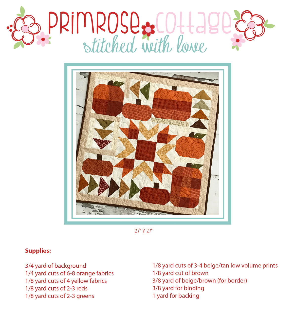 Pumpkin Party by Lindsey Weight of Primrose Cottage Quilts - Table Topper PDF Pattern