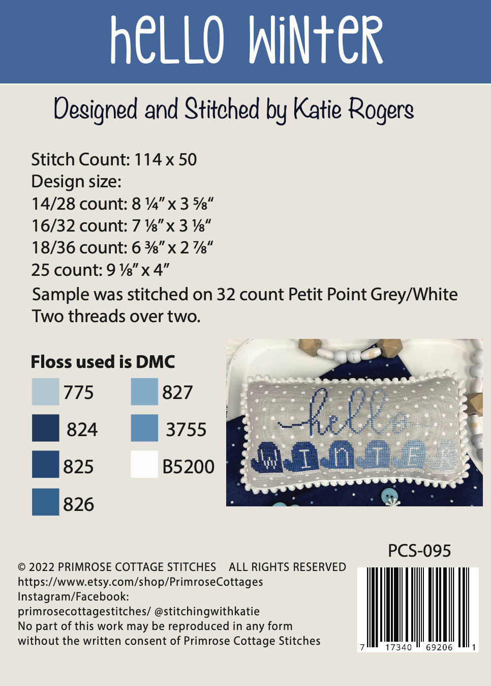 Hello Winter Cross Stitch by Katie Rogers of Primrose Cottage - PAPER Pattern PCS-095