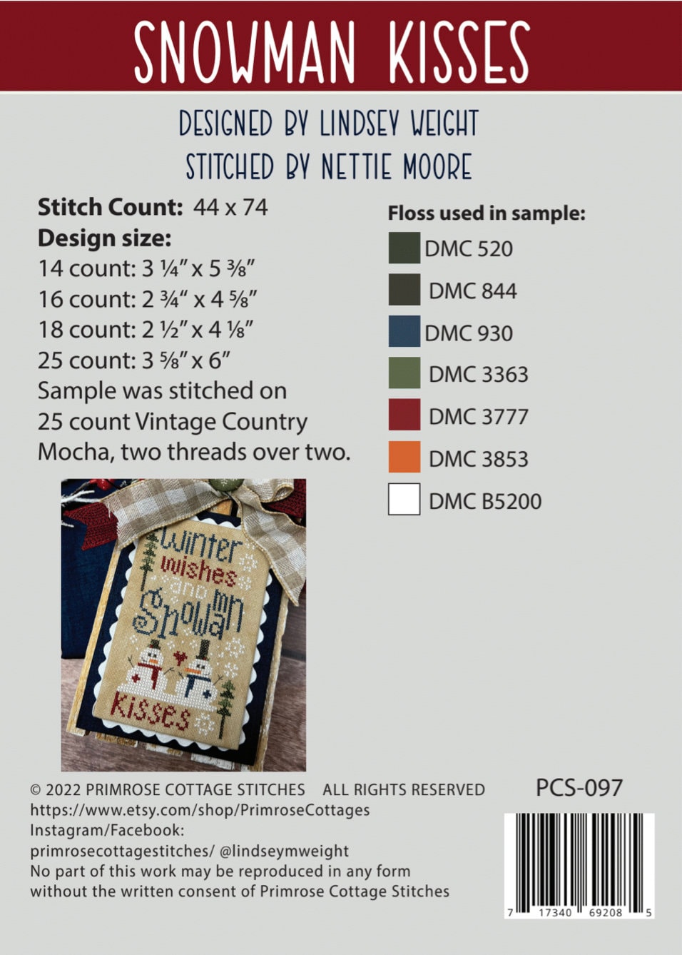 Snowman Kisses Cross Stitch by Lindsey Weight of Primrose Cottage - PAPER Pattern PCS-097