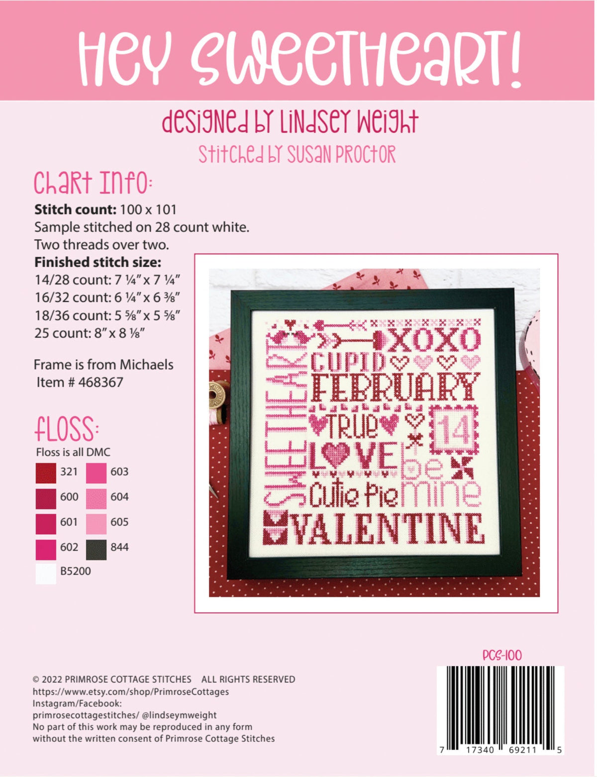 Hey Sweetheart Cross Stitch by Lindsey Weight of Primrose Cottage - PAPER Pattern PCS-100