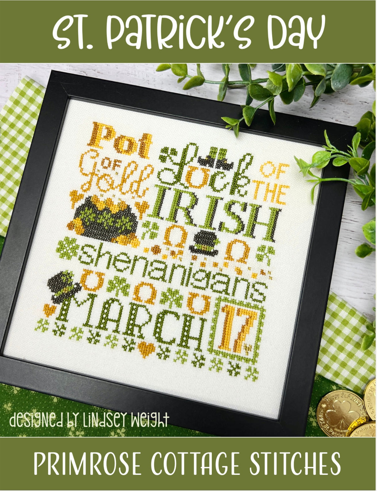 St. Patrick&#39;s Day Cross Stitch by Lindsey Weight of Primrose Cottage - PAPER Pattern PCS-103